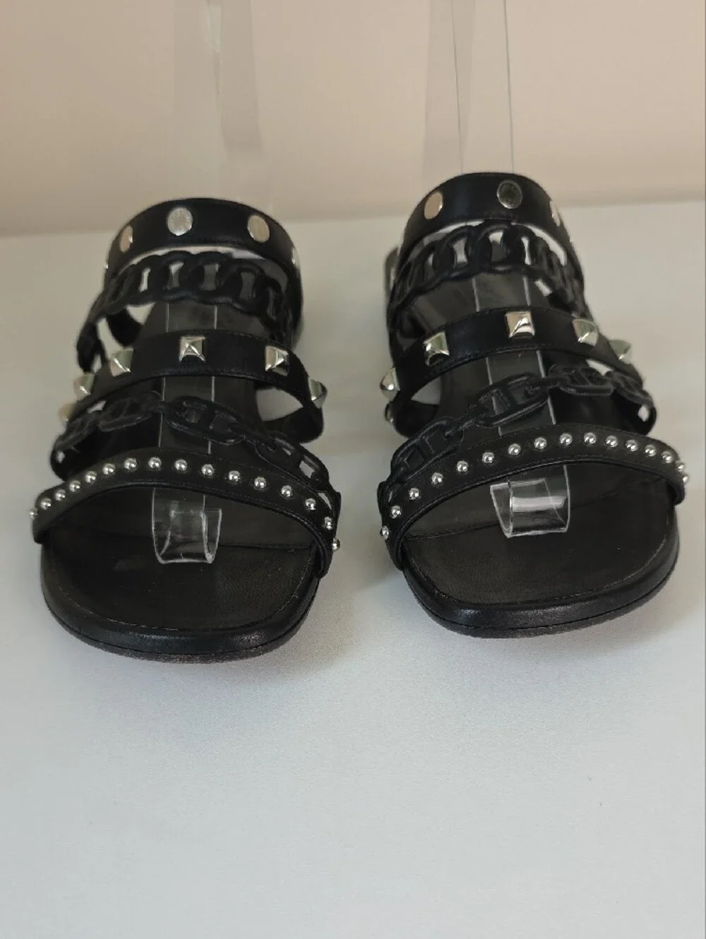 Hermes Black Studded Chain-Strap Slide Sandals.  Size 38.  US Size 7 1/2